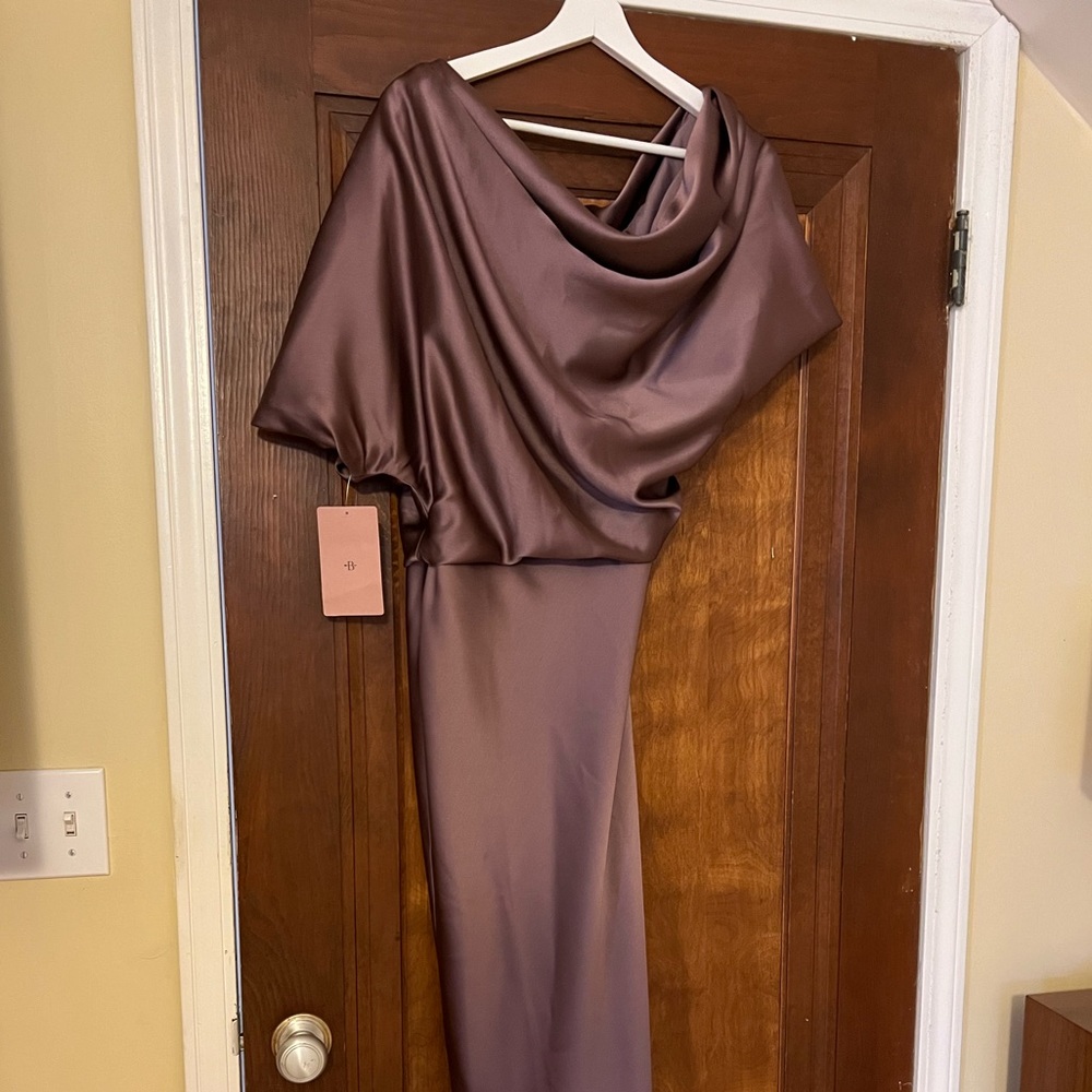 BHLDN/Amsale/Anthropology off-the shoulder satin column gown